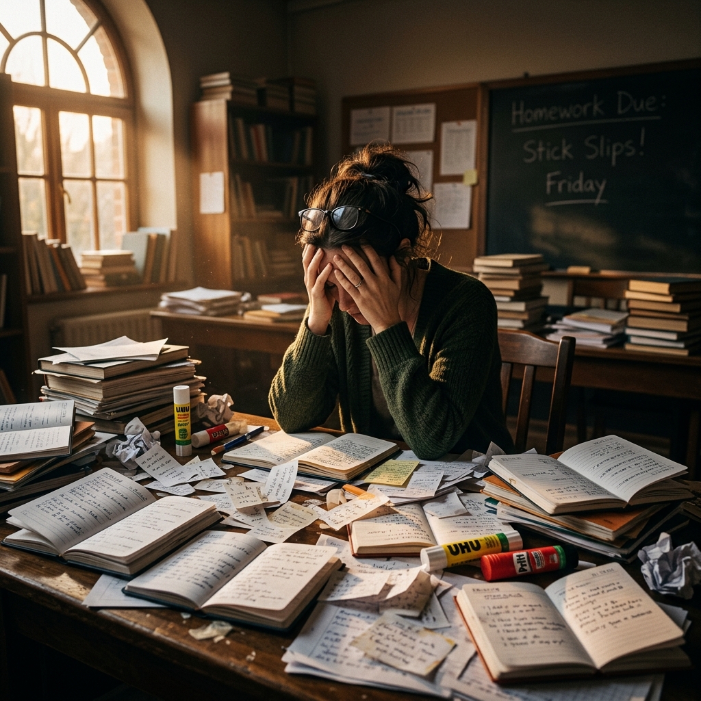 Frustrated teacher buried under physical diaries
